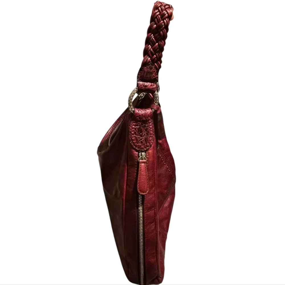 Brighton Leather Hobo Bag | Braided Strap | Deep Red | Organizer Pockets